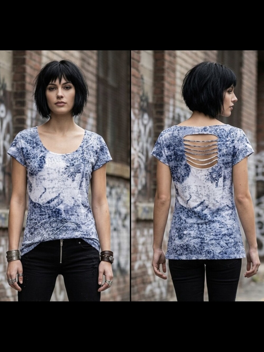 Blue Tie-Dye Cutout Back Top, Trendy Casual Short Sleeve Tee, Y2K Vibe, Size M